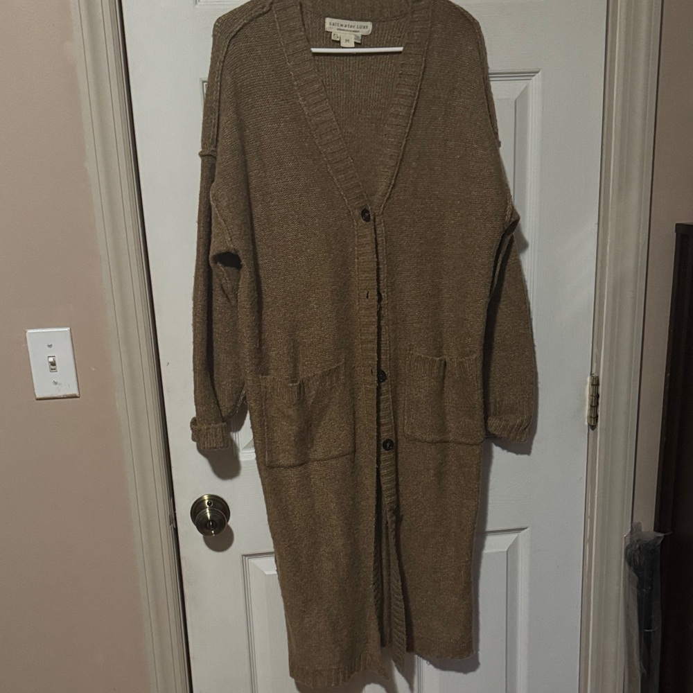 Long Open-Front Brown Knit Cardigan with Patch Pockets